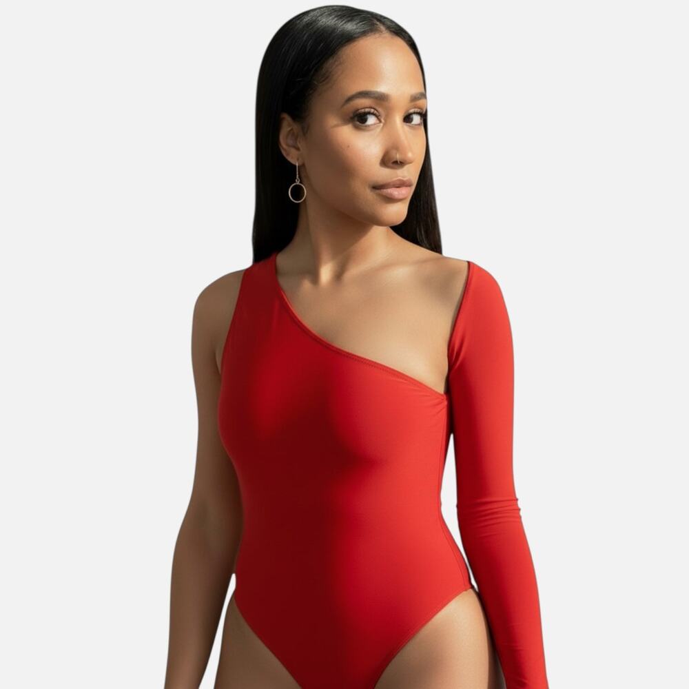 Red One-Shoulder Long Sleeve Bodysuit